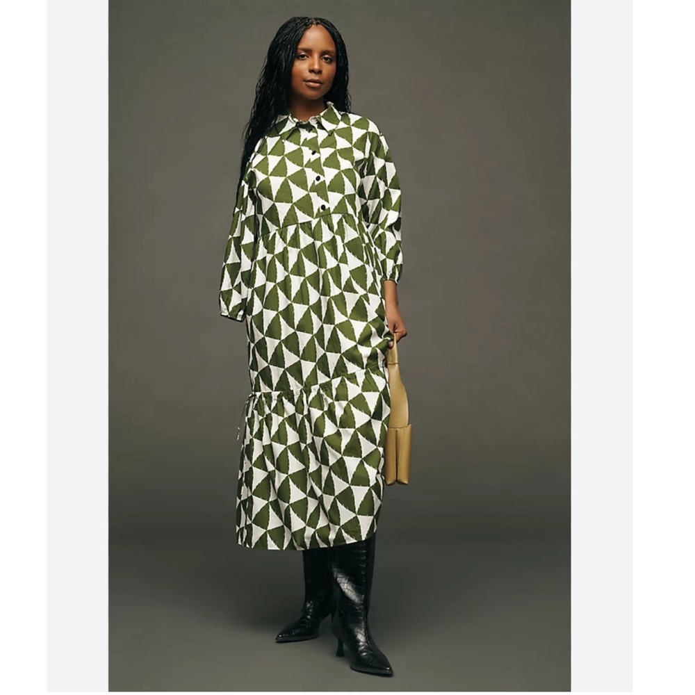 The Bettina Tiered Shirt Dress by Maeve
Color: Green & White Traingles